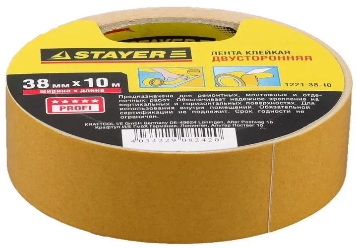 Двусторонняя клейкая лента STAYER PROFI 38 мм х 10 м 1221-38-10