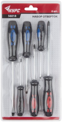 Отвертки "Стандарт", CrV сталь, магнитный наконечник, прорезиненные ручки, блистер, набор 6 шт. КУРС 56018