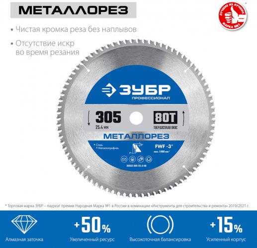 Диск пильный по металлу и металлопрофилю ЗУБР Металлорез 305x25.4 мм, 80Т 36932-305-25.4-80