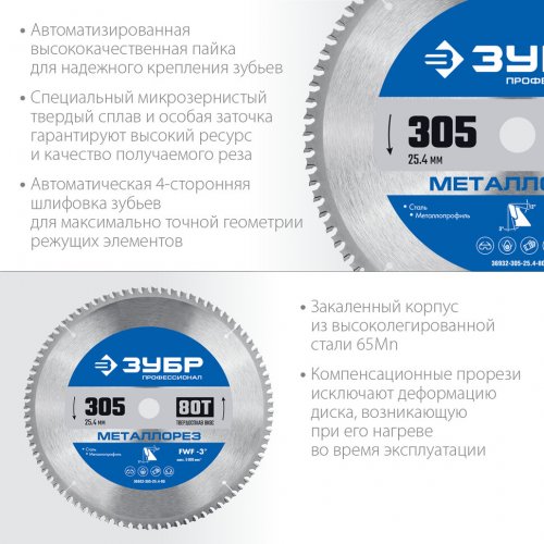 Диск пильный по металлу и металлопрофилю ЗУБР Металлорез 305x25.4 мм, 80Т 36932-305-25.4-80