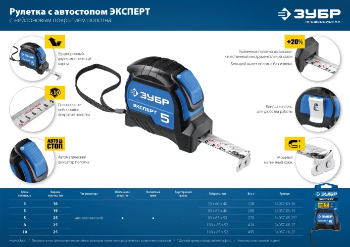 Рулетка ЭКСПЕРТ, двухкомпонентный корпус, автостоп, 8м/25мм ЗУБР 34057-08-25_z02