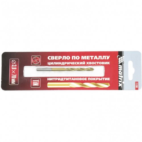 Сверло по металлу, 3.8 мм, HSS, нитридтитановое покрытие, цилиндрический хвостовик Matrix 717380