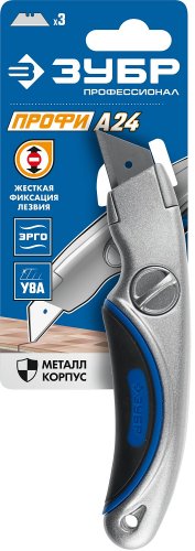 Универсальный нож, металлический обрезиненный корпус, фиксированное трапециевидное лезвие, тип"А24", сталь У8А, 19мм ЗУБР "ЭКСПЕРТ" 09221