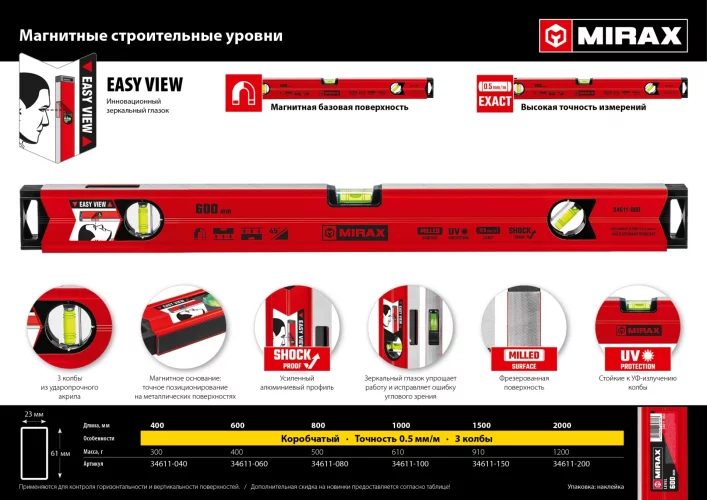 Магнитный строительный уровень MIRAX 600 мм 34611-060