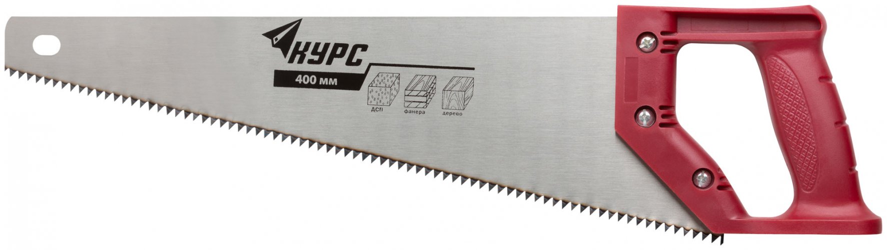 Ножовка по дереву, средний каленый зуб 7 TPI, 2D заточка, пластиковая ручка 400 мм КУРС 40311