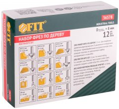 Фрезы по дереву кромочные, набор 12 шт., деревянный бокс, хвостовик 8 мм FIT 36578