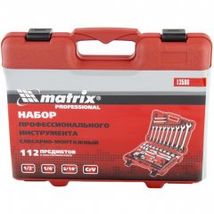 Набор слесарно-монтажный с квадратами 1/4, 1/2 и 5/16", 112 предметов Matrix ProFI 13586