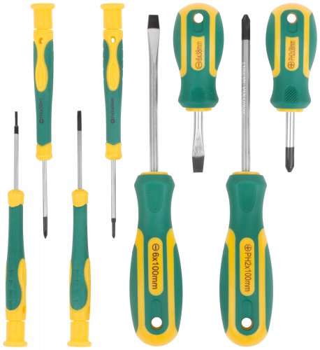 Отвертки "Контур", CrV сталь, прорезиненные ручки, 4 шт. + отвертки для точных работ 4 шт., блистер, набор 8 шт. FIT 56038