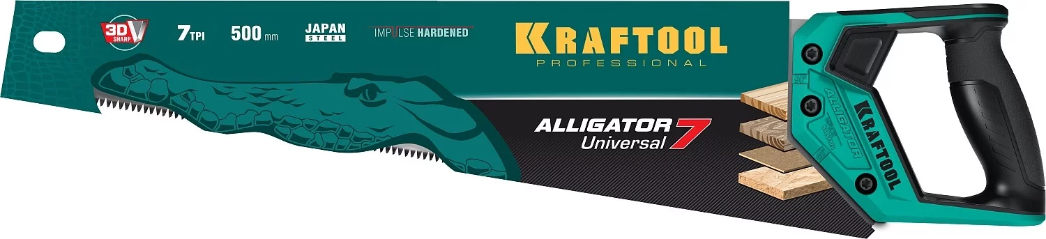 Ножовка KRAFTOOL Alligator 7 универсальная, 500 мм, 7 TPI, 3D зуб, 15004-50_z01