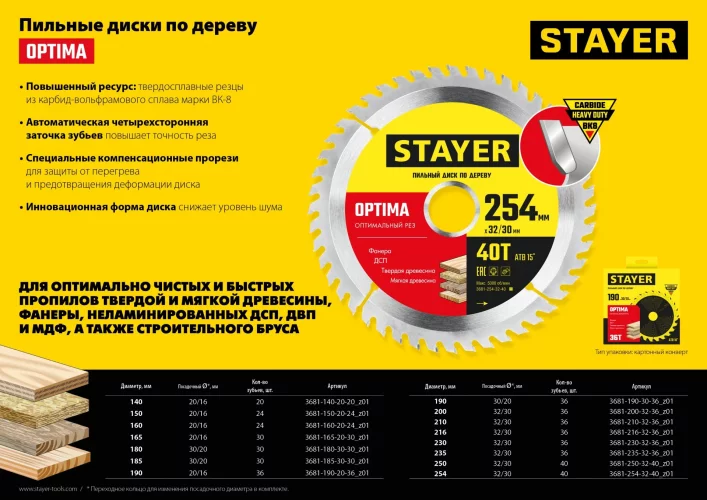Диск пильный по дереву Оптимальный рез (250x32/30 мм; 40T) STAYER 3681-250-32-40_z01