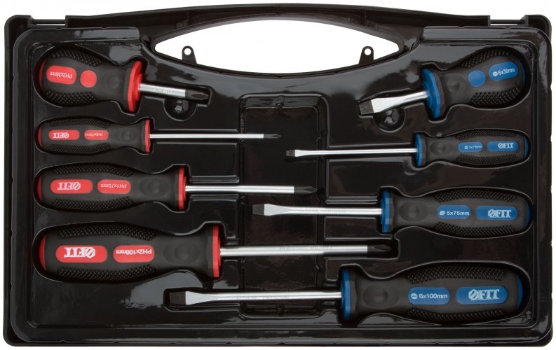 Отвертки "Универсал", CrV сталь, прорезиненные ручки, пластиковый кейс, набор 8 шт. FIT 56042
