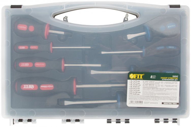 Отвертки "Универсал", CrV сталь, прорезиненные ручки, пластиковый кейс, набор 8 шт. FIT 56042