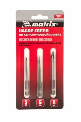 Набор сверл по керамической плитке, 5-6-8 мм, шестигранный хвостовик Matrix 72825