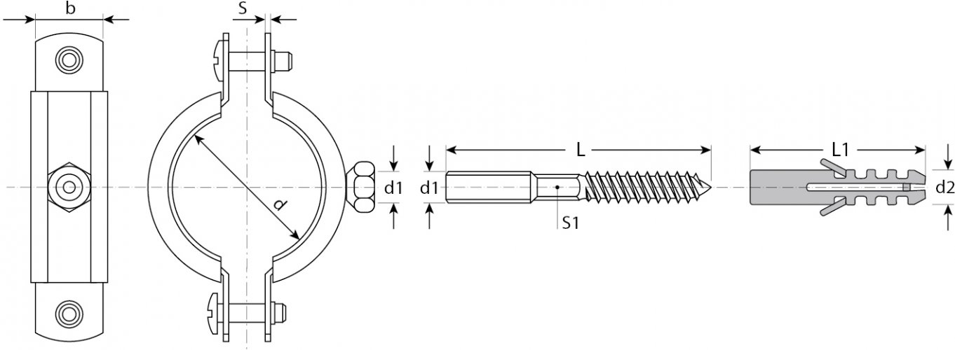Трубный хомут ЗУБР МАСТЕР оцинкованный в комплекте с сантехнической шпилькой и дюбелем, 2 1/2" 37866-75-80_z01