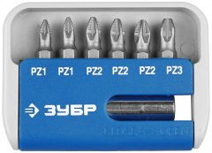 Наборы бит,  7 пред, PZ1, PZ2, PZ3, с магнитным адаптером, хромомолибденовая сталь S2, ЗУБР 26042-H7