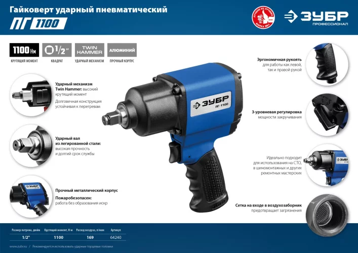 Ударный пневматический гайковерт ПГ-1100 1/2", 1100 Нм ЗУБР 64240