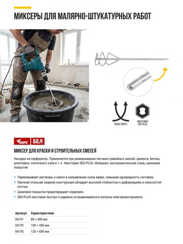 Миксер для строительных смесей оцинкованный, хвостовик SDS-PLUS 100х450 мм