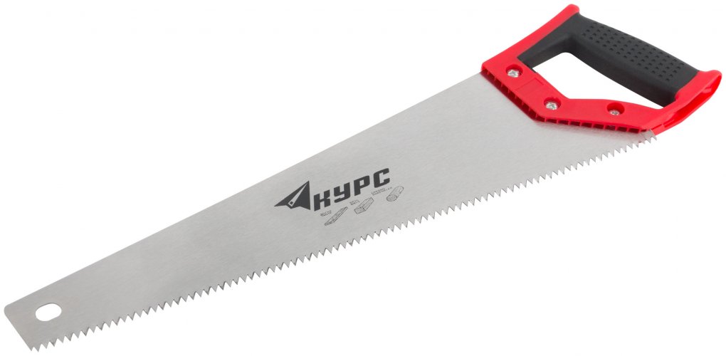 Ножовка по дереву, крупный каленый зуб 5 ТPI, 2D заточка, пластиковая прорезиненная ручка 450 мм КУРС 40339