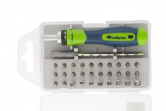 Отвертка реверсивная для точных работ с набором бит и торцевых головок, 32 предмета, CrV Сибртех 13370