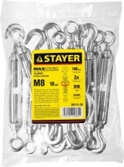 Талреп STAYER DIN 1480, крюк-кольцо, М8, 10 штук, оцинкованный 30515-08